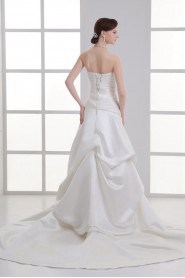 Satin Strapless A Line Gown with Gathered Ruched Bodice