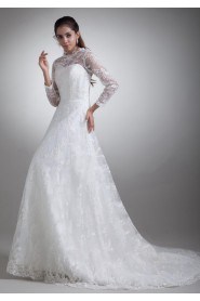 Satin and Lace A Line Gown with Three-quarter Sleeves
