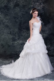 Organza One Shoulder A Line Gown with Feather