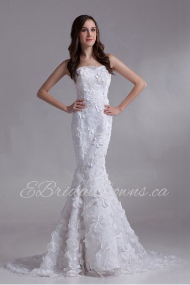 Satin and Lace Strapless Mermaid Gown with Embroidery