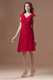 Chiffon V-Neck Knee Length Dress with Cap Sleeve