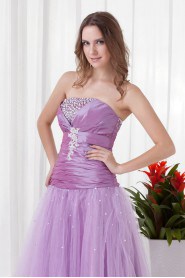 Net and Taffeta Strapless A Line Dress with Directionally Ruched Bodice