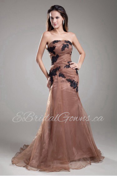 Organza Strapless Sheath Dress with Embroidery