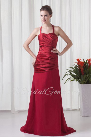 Satin and Chiffon Halter A Line Dress with Directionally Ruched Bodice