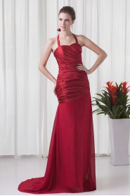 Satin and Chiffon Halter A Line Dress with Directionally Ruched Bodice