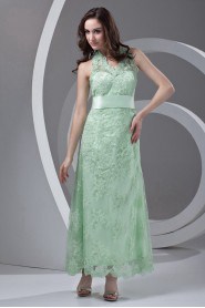 Lace Halter Column Ankle-Length Dress with Sash