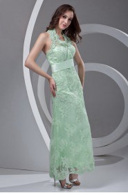 Lace Halter Column Ankle-Length Dress with Sash