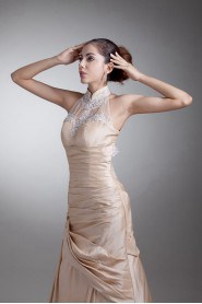 Taffeta High Collar Sheath Dress with Embroidery