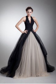 Satin and Net Halter Ball Gown with Embroidery