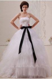 Gauze Strapless Floor Length Ball Gown with Sash and Embroidery