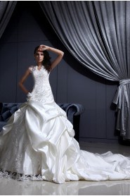 Satin and Lace V-Neckline Ball Gown