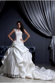 Satin and Lace V-Neckline Ball Gown