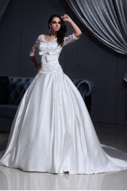 Satin and Lace V-Neckline Ball Gown with Embroidery and Half-Sleeves