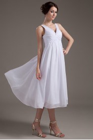 Chiffon V-Neckline Tea-Length Column Dress with Beaded