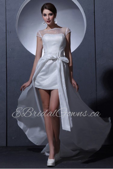Satin and Lace Jewel Neckline Sheath Dress with Cap-Sleeves