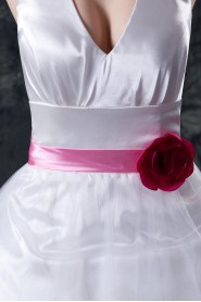 Taffeta and Yarn V-Neckline Tea-Length Ball Gown with Handmade Flower