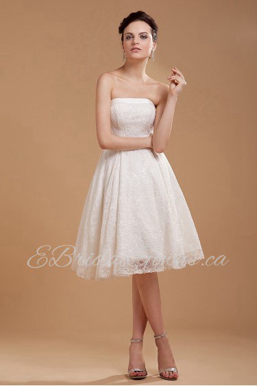 Satin and Lace Strapless Short A-line Dress with Embroidery 