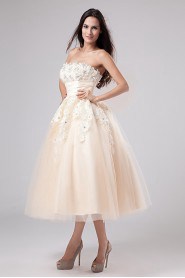 Satin and Yarn Strapless Tea-Length A-line Dress with Embroidery