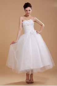 Yarn and Satin Strapless Tea-Length A-line Dress with Embroidery