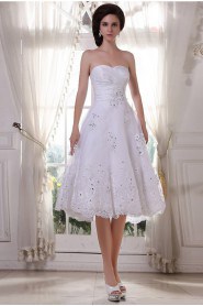 Satin and Yarn Sweetheart Tea-Length A-Line Dress with Embroidery