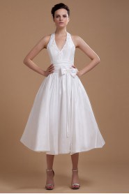 Satin Halter Neckline Tea-Length A-line Dress with Sash