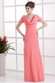 Chiffon V-Neckline Floor Length Column Dress with Short Sleeves