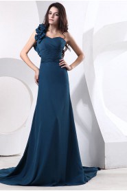 Satin and Tulle One-Shoulder A-line Dress with Manual Flowers