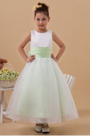 Taffeta and Organza Jewel Neckline Ankle-Length Ball Gown Dress with Bow