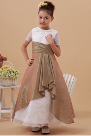 Taffeta and Organza Jewel Neckline Ankle-Length A-Line Dress with Short Sleeves