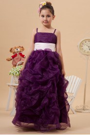 Satin Organza Spaghetti Straps Ankle-Length A-line Dress with Ruffle
