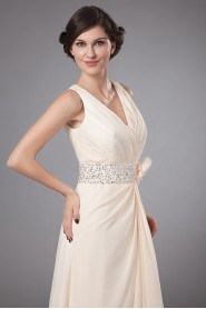 Chiffon V-Neckline A-Line Dress with Embroidery and Flower