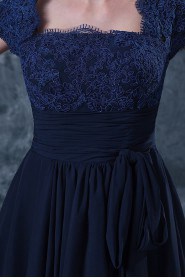 Chiffon and Lace Square Neckline Short Dress with Cap-Sleeves