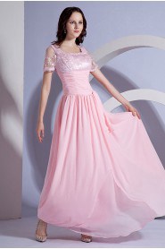 Chiffon Square Neckline Floor Length Dress with Embroidery and Short Sleeves