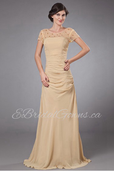Chiffon Round Neckline A-line Dress with Beaded and Cap-Sleeves