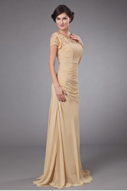 Chiffon Round Neckline A-line Dress with Beaded and Cap-Sleeves