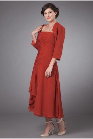 Chiffon Strapless Tea-Length Column Dress with Embroidery and Ruffle