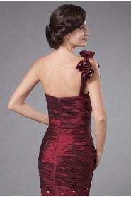 Taffeta One-Shoulder Floor Length Sheath Dress with Embroidery and Ruffle
