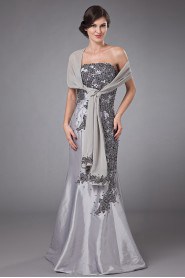 Satin Strapless Floor Length Sheath Dress with Embroidery