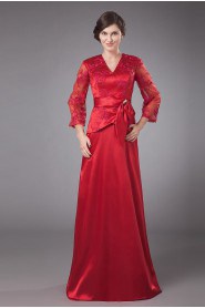 Satin and Lace V-Neckline Floor Length A-line Dress with Bowtie