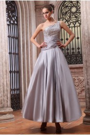 Charmeuse One-Shoulder Ankle-Length A-line Dress with Beaded and Ruffle
