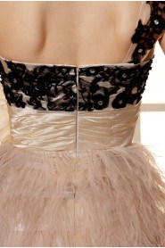 Satin and Lace One-Shoulder Short Dress with Embroidery