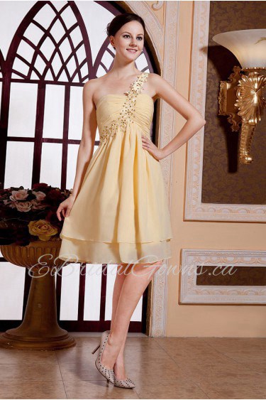 Chiffon One-Shoulder Short Empire Dress with Beaded and Ruffle