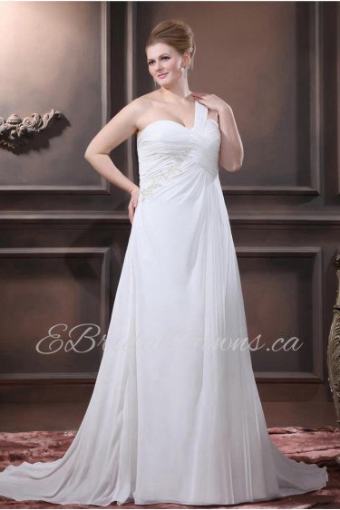 One Shoulder Chiffon Embroidered Plus Size Gown