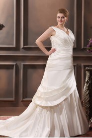 Satin Embroidered V-Neck Plus Size Gown