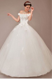 Satin and Tulle Off-the-Shoulder Floor Length Ball Gown with Flowers