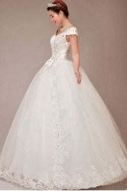 Satin and Lace Off-the-Shoulder Floor Length Ball Gown with Sequins