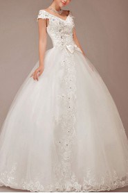 Satin and Lace Off-the-Shoulder Floor Length Ball Gown with Sequins
