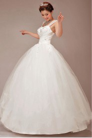 Satin and Tulle Straps Floor Length Ball Gown with Crystals