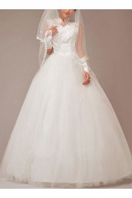 Satin and Lace High Collar Neckline Floor Length Ball Gown with Flowers