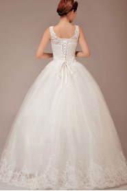 Satin and Tulle Straps Floor Length Ball Gown with Embroidered
